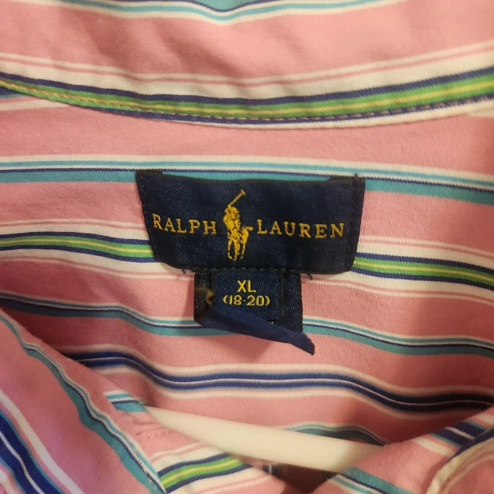 Ralph Lauren Boys XL 18-20 Pink Blue Green Striped Button Down Shirt Cotton